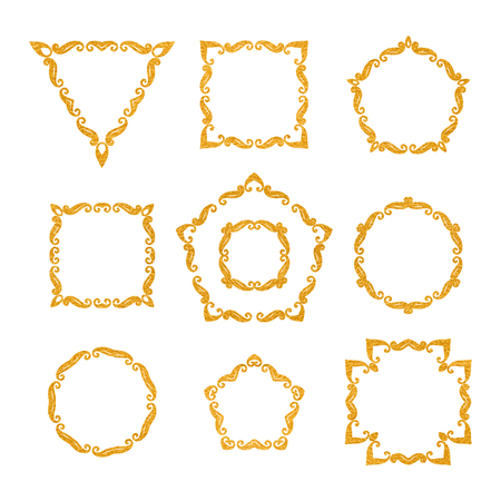 Vector set of ten different elegant retro floral gold textured frame or border on white background. Vintage design template for banner, card, invitation, label, emblem etc. Vector illustration.のイラスト素材
