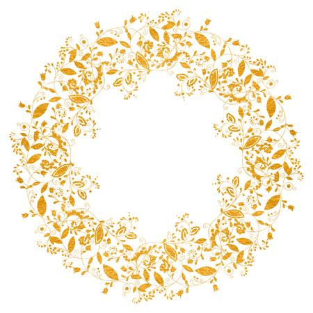 Circle gold floral frame in doodle style on white background. Elegant hand drawn flourish border or frame for greeting card, postcard, invitation, banner, flyer, poster, label. Vector illustration.のイラスト素材