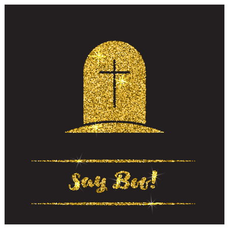 Halloween gold textured tombstone icon on black background. Golden design element for festive banner, greeting and invitation card, flyer, tag, poster, postcard, advertisement. Vector illustration.のイラスト素材