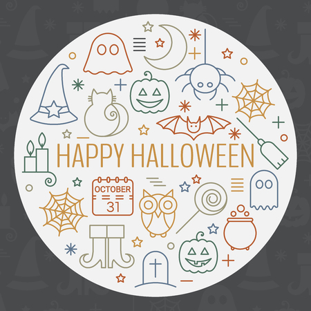 Halloween icons set in circle shape with editable stroke. Colorful design concept for festive banner, greeting and invitation card, flyer, label, poster, postcard, advertisement. Vector illustration.のイラスト素材
