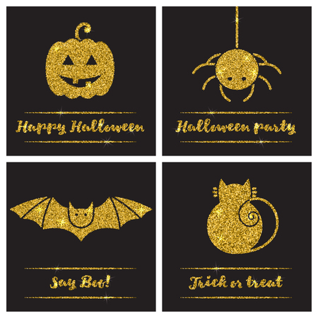 Set of Halloween gold textured icons on black background. Golden design elements for festive banner, greeting and invitation card, flyer, tag, poster, postcard, advertisement. Vector illustration.のイラスト素材
