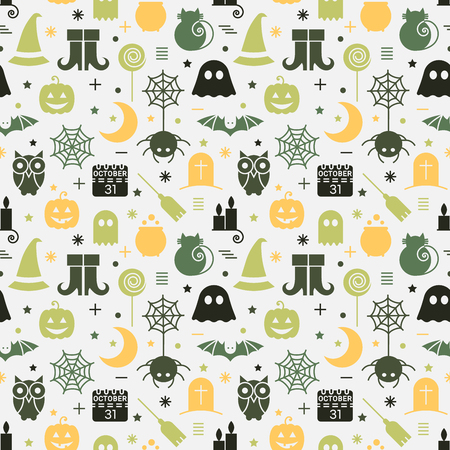 Seamless Halloween colorful pattern with festive Halloween icons. Design for wrapping paper, paper packaging, textiles, fabric, holiday party invitations, banner, greeting card. Vector illustration.のイラスト素材