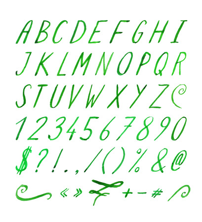 Hand drawn green watercolor font with punctuation marks on white background. Font contains question mark, exclamation point, period, comma, dash, hyphen, bracket, parenthesis. Vector illustration.のイラスト素材