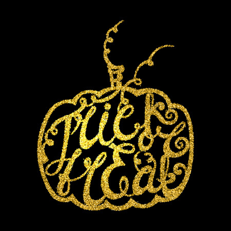 Golden handwritten calligraphic inscription Trick or treat inscribed in pumpkin. Glitter design element for banner, card, invitation, label, postcard, label, poster, emblem etc. Vector illustration.のイラスト素材