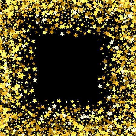 Square gold frame or border of random scatter golden stars on black background. Design element for festive banner, birthday and greeting card, postcard, wedding invitation. Vector illustration.のイラスト素材
