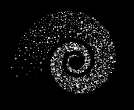 Abstract decoration of translucent star twisted in swirl or vortex. Transparent trail of white particle on black background.のイラスト素材
