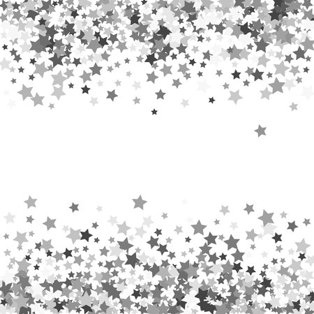 Abstract pattern of random falling silver stars on white background. Glitter template for banner, greeting, Christmas and New Year card, invitation, postcard, paper packaging. Vector illustration.のイラスト素材