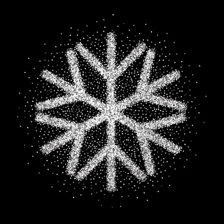 Shine silver snowflake with glitter on black background. Christmas decoration with sparkling light effect. New Year Holiday glittering design for festive banner, card, invitation. Vector illustration.のイラスト素材