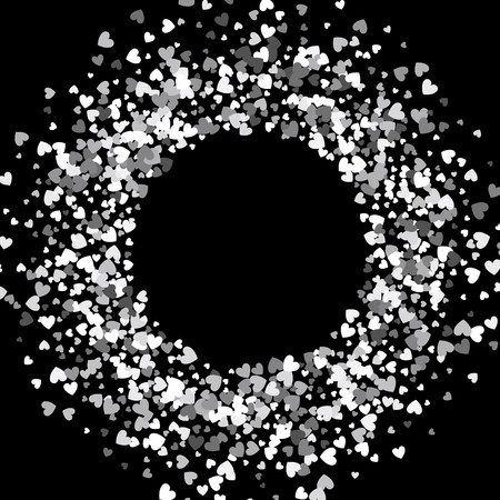 Round silver frame or border of random scatter hearts. Design element for festive banner, greeting card, postcard, wedding invitation, Valentines day and save the date card. Vector illustration.のイラスト素材
