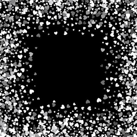 Square silver frame or border of random scatter hearts. Design element for festive banner, greeting card, postcard, wedding invitation, Valentines day and save the date card. Vector illustration.のイラスト素材