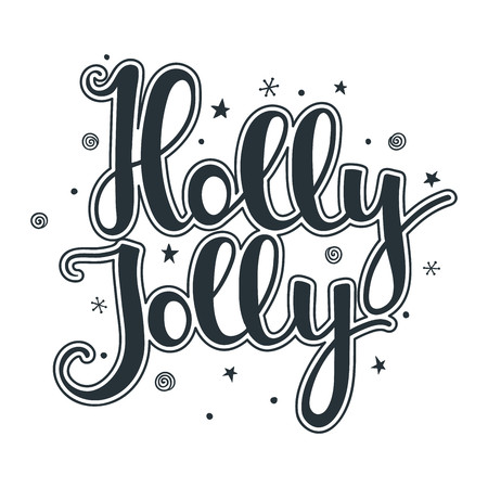 Holly Jolly quote with stars and snowflakes. Hand drawn lettering on white background. For design greeting card, postcard, invitation and banner. Xmas design. Vector illustration.のイラスト素材