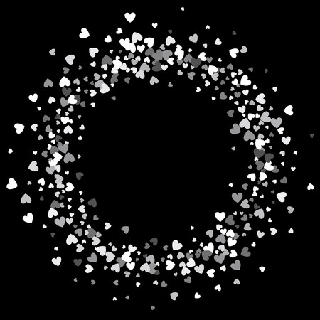 Round silver frame or border of random scatter hearts. Design element for festive banner, greeting card, postcard, wedding invitation, Valentines day and save the date card. Vector illustration.のイラスト素材