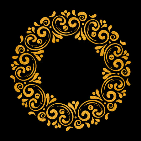 Elegant hand drawn retro floral frame on black background. Gold textured design template for banner, card, invitation, label, emblem etc. Lineart vintage border. Vector illustration.のイラスト素材