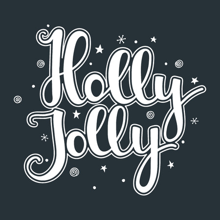 Holly Jolly quote with stars and snowflakes. Hand drawn lettering on black background. For design greeting card, postcard, invitation and banner. Xmas design. Vector illustration.のイラスト素材