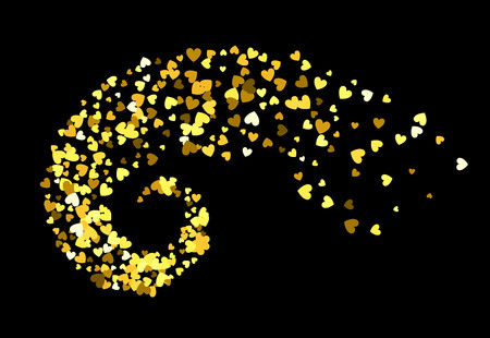 Abstract decoration of gold hearts twisted in vortex. Design element for festive banner, greeting card, postcard, wedding invitation, Valentines day and save the date card. Vector illustration.のイラスト素材