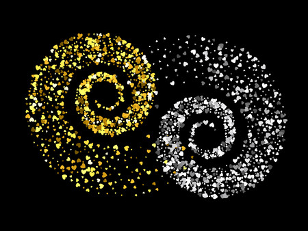 Decoration of gold and silver hearts twisted in vortex. Design element for festive banner, greeting card, postcard, wedding invitation, Valentines day and save the date card. Vector illustration.のイラスト素材