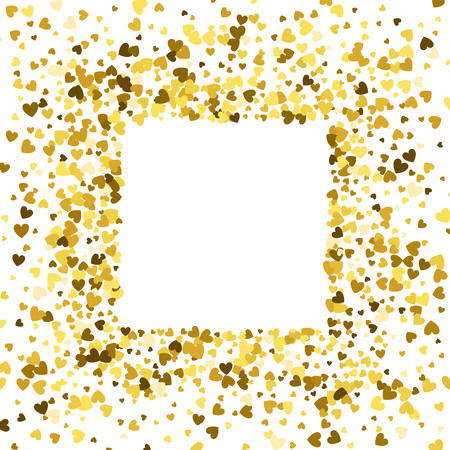 Square gold frame or border of random scatter hearts. Design element for festive banner, greeting card, postcard, wedding invitation, Valentines day and save the date card. Vector illustration.のイラスト素材