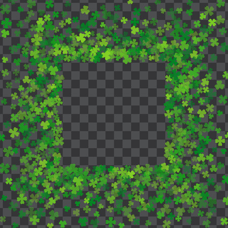 Square green frame or border of random scatter transparent clover leaves. Elegant St. Patricks day design for festive banner, greeting card, postcard, invitation, flyer, poster. Vector illustration.のイラスト素材