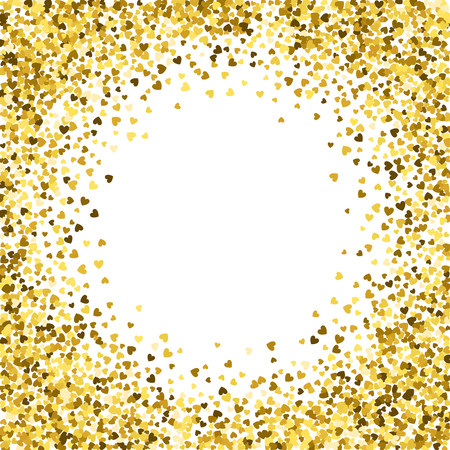 Round gold frame or border of random scatter hearts. Design element for festive banner, greeting card, postcard, wedding invitation, Valentines day and save the date card. Vector illustration.のイラスト素材