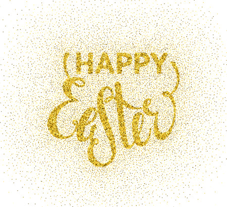 Glitter gold textured calligraphic inscription Happy Easter of sprinkled confetti. Lettering design element for banner, greeting card, invitation, postcard, flyers. Vector illustration.のイラスト素材