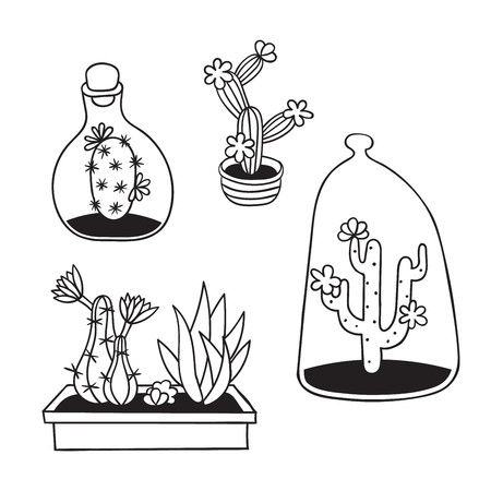 Set of cactuses with flowers in terrariums and pots for coloring books. Funny cute cactus with black contour. Mexican plant. Design element for postcard, greeting card, t-shirt. Vector illustration.のイラスト素材