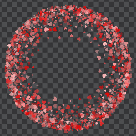 Round red frame or border of transparent scatter hearts. Design element for festive banner, greeting card, postcard, wedding invitation, Valentines day and save the date card. Vector illustration.のイラスト素材
