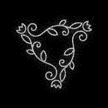 Elegant hand drawn retro floral frame on black background. Silver dust textured design template for banner, card, invitation, label, emblem etc. Lineart vintage border. Vector illustration.のイラスト素材