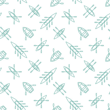 Rowing boats silhouettes seamless pattern with linear outline icons. Sailing boat background design for wrapping paper, paper packaging, textile, party invitations, greeting card. Vector illustration.のイラスト素材
