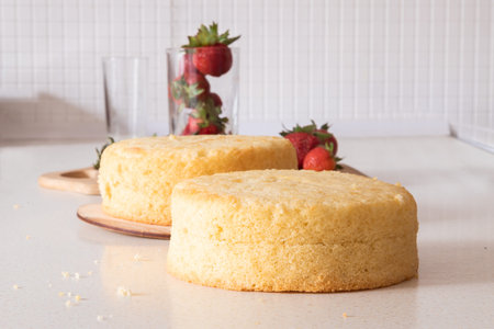 Process of making a cake. Layers of cake and strawberries in a glass in the background. Strawberries...