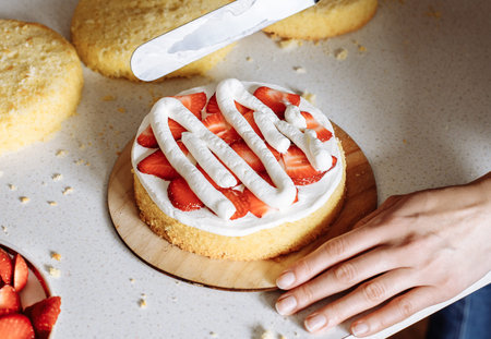 Applying cream to a sponge cake on a layer of strawberries. Multi-layer homemade cake for a birthday...