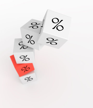 Downfal of percents, white cubes with one redの写真素材