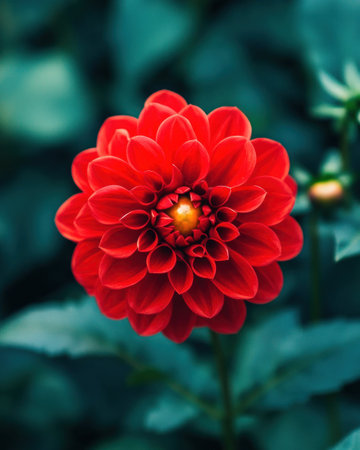 A close up shot of a fully blossomed red dahlia flower in full detail.の素材