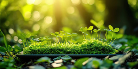 A conceptual image showing plants growing on a tablet computer in a natural environment, symbolizing sustainability and technology.の素材