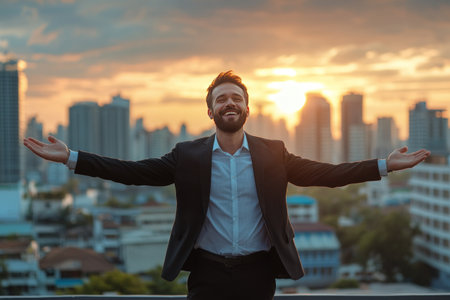 A man in a suit stands on a rooftop with arms open, bathed in the sunset's warm glow.の素材