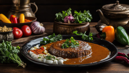 A beautifully arranged plate of food features a meat dish with a rich sauce, accompanied by colorful vegetables.の素材