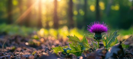 A single purple thistle in a forest bathed in golden sunlight, evoking a serene mood.の素材
