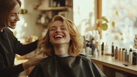 Two women, one getting her hair styled, enjoying the experience and laughing in a salon.の素材