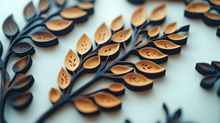 Close-up view of detailed, three-dimensional leaf and branch designs, created with contrasting dark brown and light beige colors, exhibiting intricate patterns and textures. The designs appear to be part of a larger decorative composition.の素材