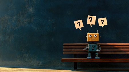 Small, vintage-style robot sits on a wooden park bench in front of a dark teal wall.  Three question marks float above its head, implying a state of thoughtfulness or questioning.の素材