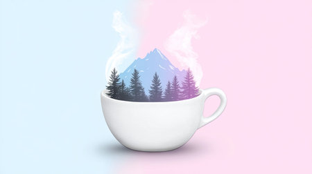 Digital illustration of a stylized mountain and forest scene nestled within a white teacup.  The scene is presented against a pastel background of light blue and pink.  The colors and image style suggest a calm and peaceful atmosphere.の素材
