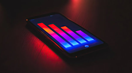 Close-up view of a smartphone displaying a vibrant bar graph. The graph is brightly lit in shades of vibrant colors, indicating a dynamic presentation of data. The smartphone lies angled on a dark surface, emphasizing the colorful display.の素材