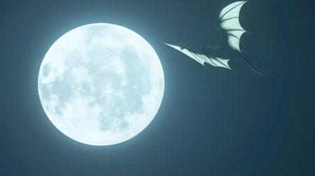 Digital illustration of a dragon flying through a dark night sky, with a large, glowing moon in the background. The dragon is detailed and in flight, showcasing its wings and body. The style is stylized, and the color palette is muted, with pale tones dominating the image.の素材