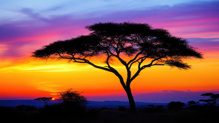 Large tree silhouette stands against a vibrant sunset sky filled with warm, colorful hues. The landscape shows a savanna grassland with other trees in the distance.の素材