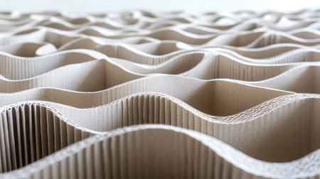 Close-up view of a complex design formed by the intricate folds and creases of corrugated cardboard, showcasing a repeating wave-like pattern.  The image highlights the texture and design elements of the material.の素材