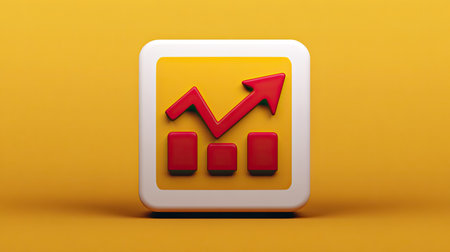 3D rendered icon of a graph chart.  The icon is square, with a white border, and shows a upward trending red line graph.  It is presented on a bright yellow background.の素材