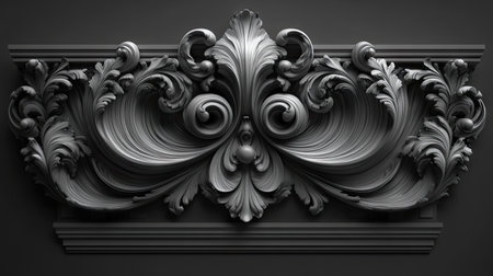 Detailed 3D render of an ornate architectural molding design, featuring intricate scrollwork, symmetrical patterns, and sculpted relief detailing.  The design is presented against a dark background, emphasizing the texture and form of the molding.の素材