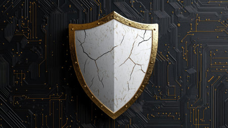 Decorative, three-dimensional image of a cracked white shield with a gold border displayed against a textured background. The background is a detailed circuit board pattern in black and gold.の素材