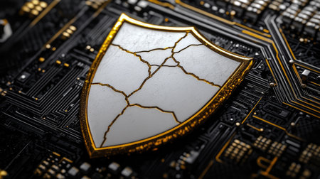 Detailed graphic of a cracked shield, positioned on a high-resolution circuit board.  The shield is white with gold detailing and the circuit board is a black and gold pattern.  The image displays a close-up view of the shield on the board, emphasizing the graphic details and texture.の素材