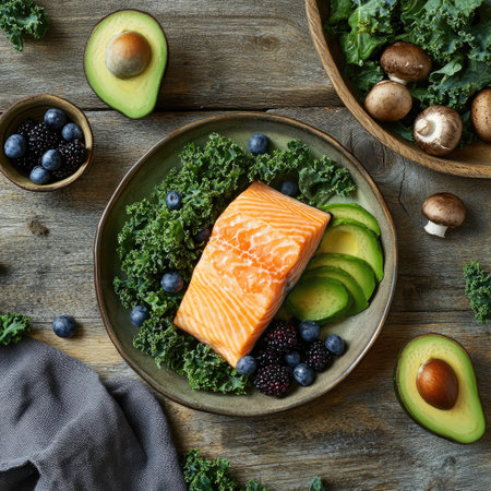 Plate of salmon, kale, avocado, and berries arranged for a healthy meal.の素材