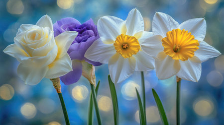 Close-up image of three different flowers, including a white rose, a purple flower, and two daffodils. The flowers are in sharp focus, and the background is out-of-focus with bokeh effect, creating a soft and inviting look. The colors are vibrant, and the petals are detailed.の素材